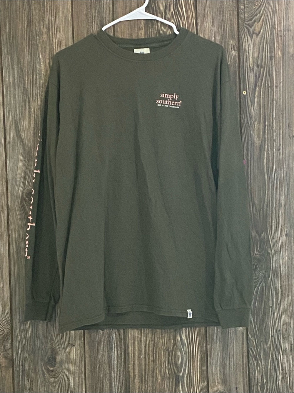 Simply Southern Olive Green Long Sleeve Shirt with Pink Script